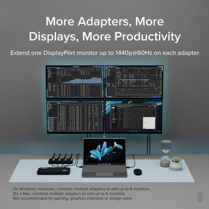 UGA-DP-S adapter extends one DisplayPort monitor up to 1440p at 60Hz. Supports up to 8 monitors on Windows, 4 on Mac.