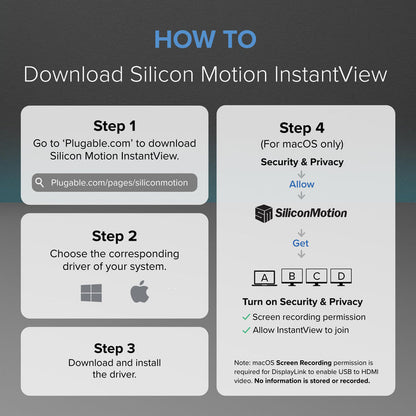 Infographic showing 4 steps to download Silicon Motion InstantView driver for Windows and macOS systems.