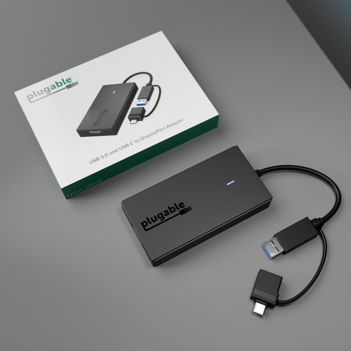 Plugable UGA-DP-S USB 3.0 and USB-C to DisplayPort adapter with attached cable featuring USB-A and USB-C connectors.