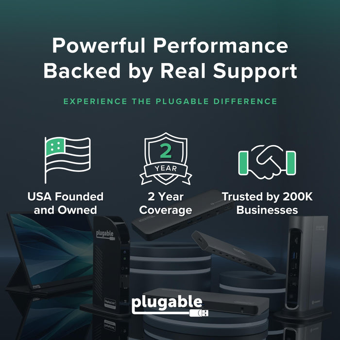 Plugable support features: USA founded and owned, 2-year coverage, and trusted by 200,000 businesses.