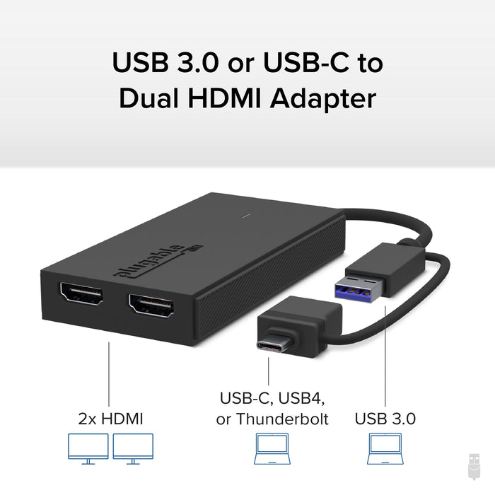 Plugable USB 3.0 or USB-C to dual HDMI adapter with 2x HDMI output ports and USB-C, USB4, Thunderbolt, or USB 3.0 input.