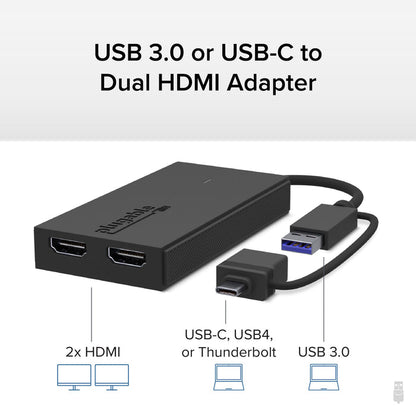 Plugable USB 3.0 or USB-C to dual HDMI adapter with 2x HDMI output ports and USB-C, USB4, Thunderbolt, or USB 3.0 input.