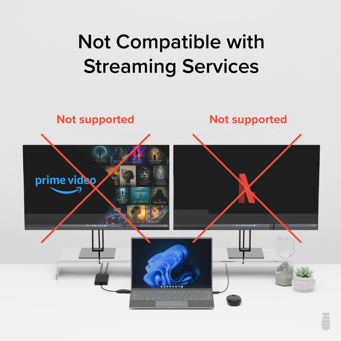 UGA-HDMI-2S adapter is not compatible with streaming services like Prime Video and Netflix on connected monitors.