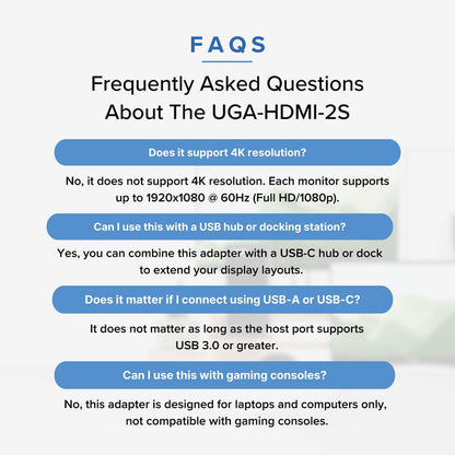 UGA-HDMI-2S FAQ: Supports 1920x1080 at 60Hz, works with USB-C hubs, requires USB 3.0 host, not for gaming consoles.
