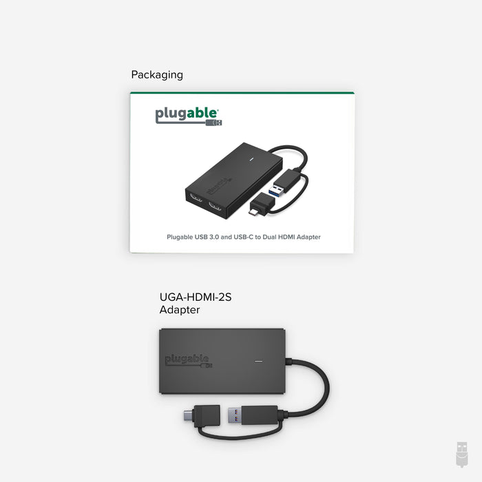 UGA-HDMI-2S Plugable USB 3.0 and USB-C to dual HDMI adapter with integrated USB-A and USB-C connector cable.