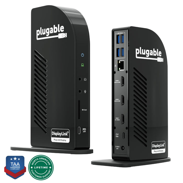 Plugable UD-ULTCDL docking station with front audio, SD, 20W PD USB-C ports and rear 5Gbps USB, Ethernet, 3 HDMI, 100W PD.