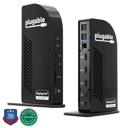 Plugable UD-ULTCDL docking station with front audio, SD, 20W PD USB-C ports and rear 5Gbps USB, Ethernet, 3 HDMI, 100W PD.
