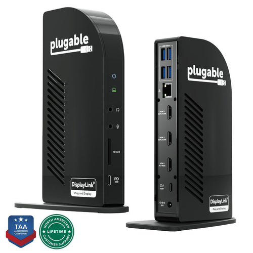Plugable UD-ULTCDL docking station with front audio, SD, 20W PD USB-C ports and rear 5Gbps USB, Ethernet, 3 HDMI, 100W PD.