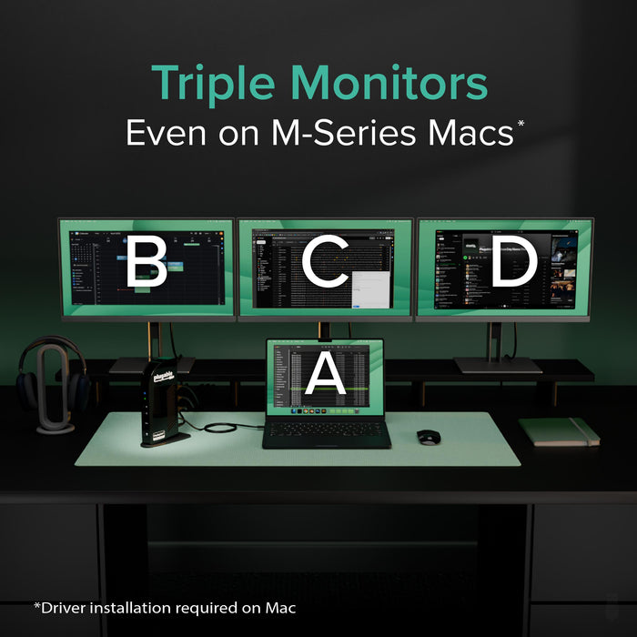 UD-ULTCDL supports triple monitors on M-Series Macs via DisplayLink driver installation.