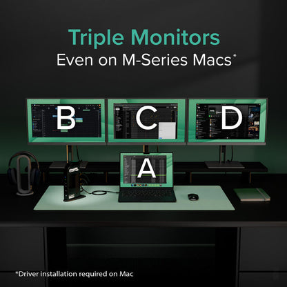 UD-ULTCDL supports triple monitors on M-Series Macs via DisplayLink driver installation.