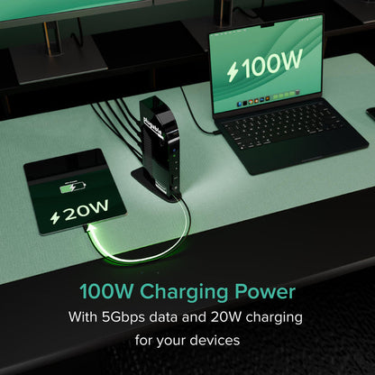 UD-ULTCDL docking station providing 100W laptop charging, 20W device charging, and 5Gbps data transfer.