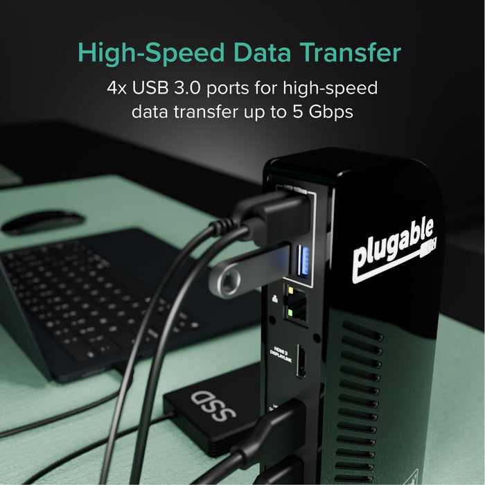 Plugable UD-ULTCDL features 4x USB 3.0 ports supporting high-speed data transfer up to 5 Gbps.