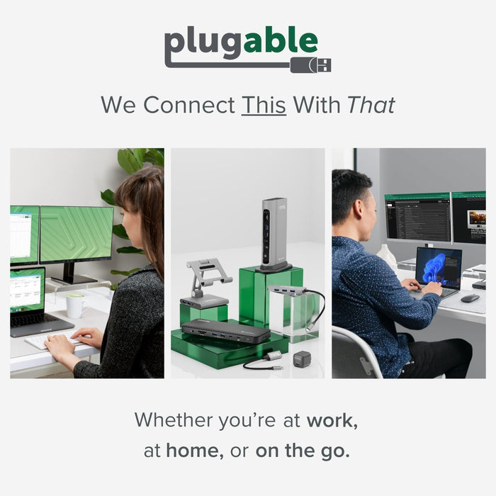 Plugable lifestyle graphic showing various docking stations, hubs, and adapters in home and office workspace settings.