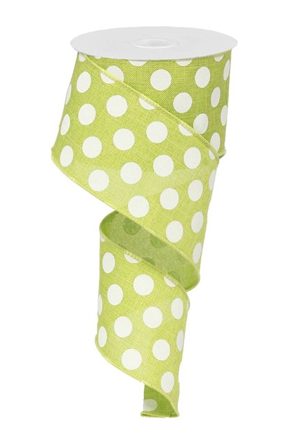 Polka Dot Canvas Wired Edge Ribbon - 2.5" x 10 Yards (Lime Green, White)