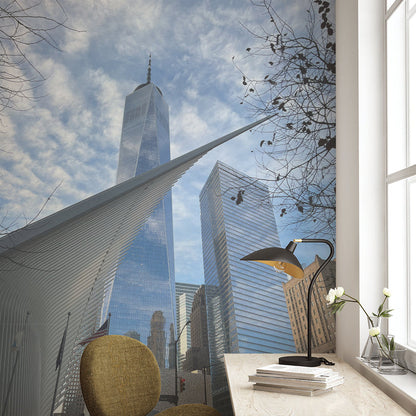 Custom wall mural featuring a NYC skyline photograph, transforming a workspace with an urban-inspired design.