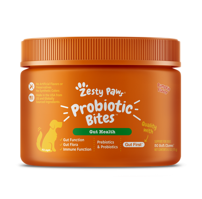 Orange bottle of Zesty Paw Probiotic Bites for dogs with pumpkin flavor, containing 80 soft chews.
