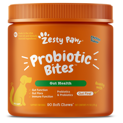 Orange jar of Zesty Paws Probiotic Bites dog supplement with chicken flavor, 90 soft chews, 11.1 oz.