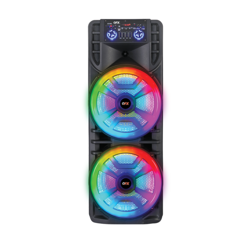 QFX DUAL 12â€ BLUETOOTH RECHARGEABLE SPEAKER WITH LED PARTY LIGHTS