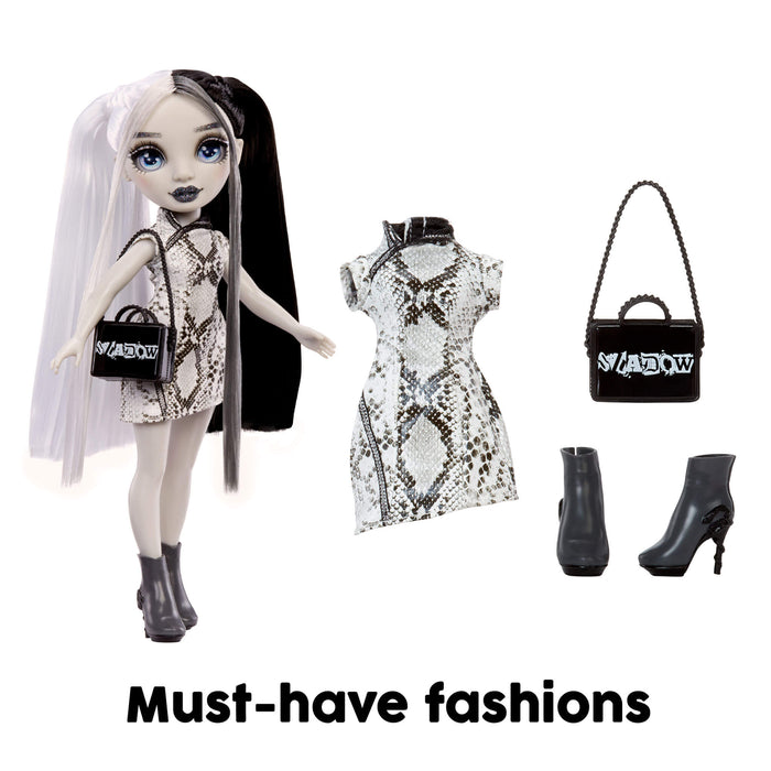 Doll with snake print outfit, black handbag, and high heels on a white background