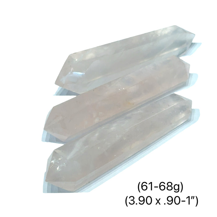 Three Natural pink rose quartz double terminated crystal point for heart healing, on a white background, front view. (61-68g)