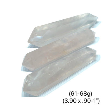 Three Natural pink rose quartz double terminated crystal point for heart healing, on a white background, front view. (61-68g)