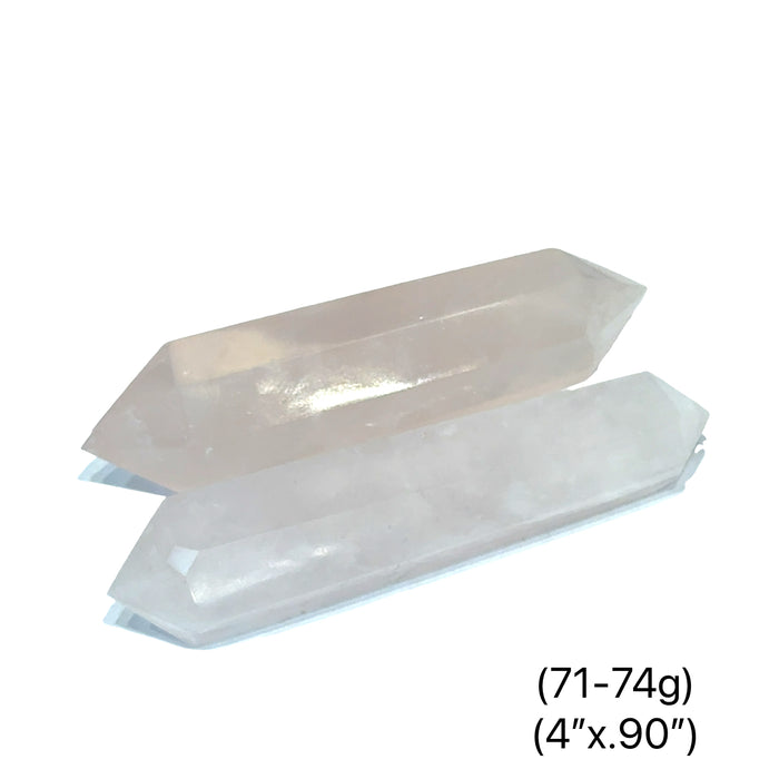 Two Natural pink rose quartz double terminated crystal point for heart healing, on a white background, front view. (71-74g)