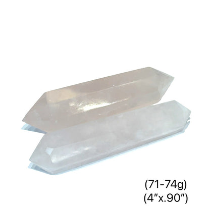 Two Natural pink rose quartz double terminated crystal point for heart healing, on a white background, front view. (71-74g)