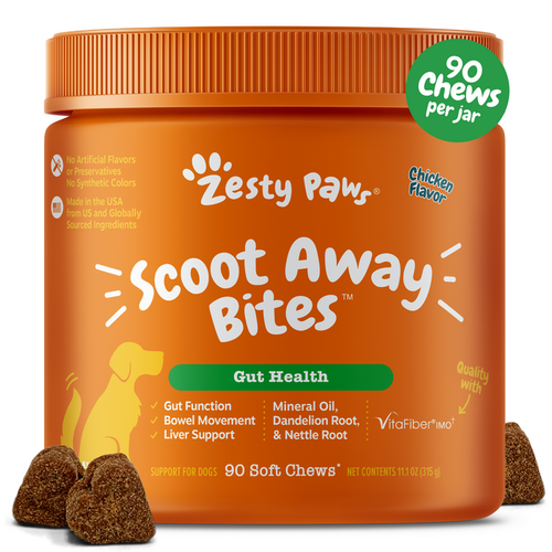 Orange jar of Zesty Paw Scoot Away Bites chicken flavor dog chews with brown soft chew pieces displayed in front.
