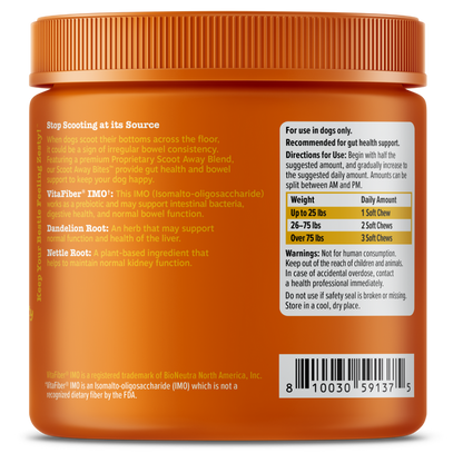 Orange jar of Scoot Away Bites dog supplement with ridged cap and product information labels on front and back.