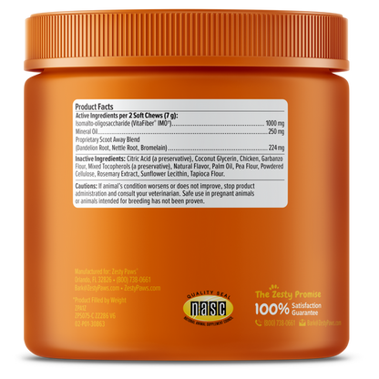 Orange jar of soft chew dog supplements with product facts label and NASC quality seal visible.