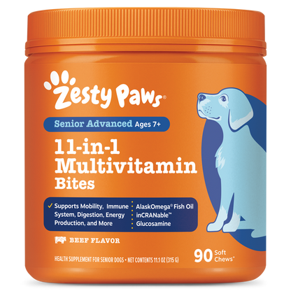 Orange container of Zesty Paws Senior Advanced 11-in-1 Multivitamin Bites with white text, blue accents, and illustration of