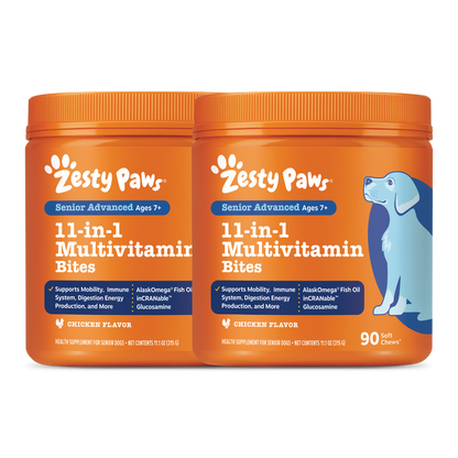 Two orange Zesty Paws containers of Senior Advanced 11-in-1 Multivitamin Bites for dogs ages 7+, chicken flavor, with 90 soft