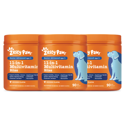 Three orange Zesty Paws Senior Advanced 11-in-1 Multivitamin Bites containers with chicken flavor, 90 soft chews each.