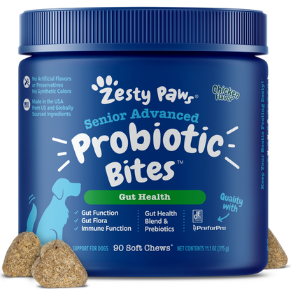 Blue jar of Zesty Paws Senior Advanced Probiotic Bites for dogs with chicken flavor, containing 90 soft chews.