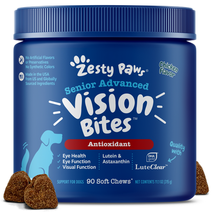 Blue jar of Zesty Paws Senior Advanced Vision Bites soft chews for dogs with brown treats displayed in front.