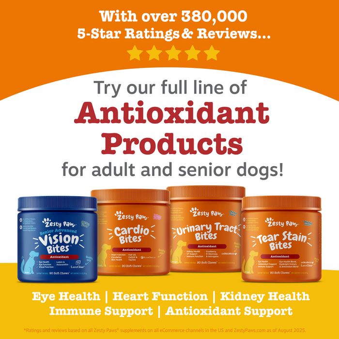 Four bottles of dog supplement treats in blue and orange containers labeled Vision Bites, Cardio Bites, Urinary Tract Bites,