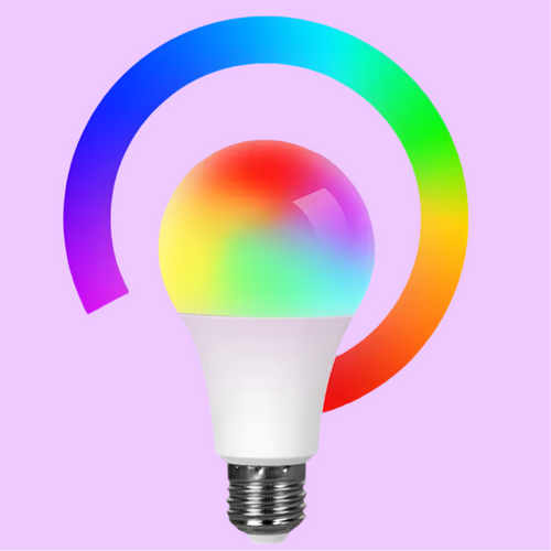 Colorful smart LED light bulb surrounded by a rainbow-hued ring.