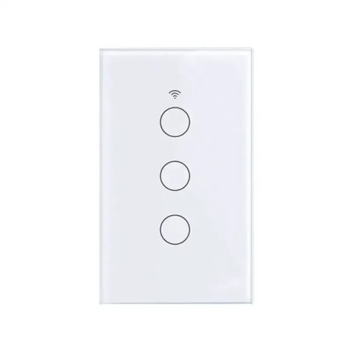 A white light switch with two circles on the front