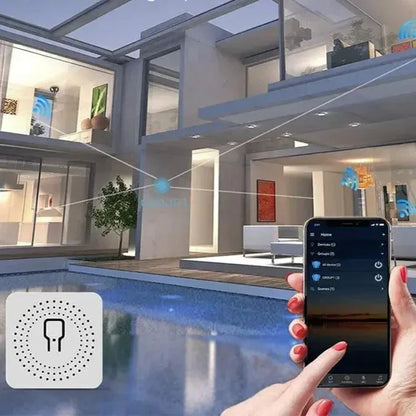 A person holding a smart device near a pool