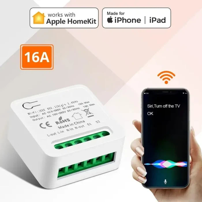 Someone holding a smart phone and a smart device with a homekit app