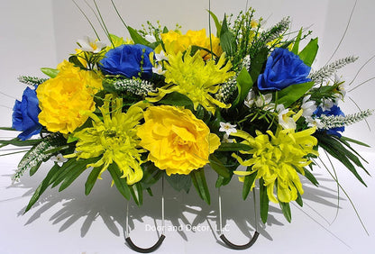 Spring and Summer Cemetery Headstone Saddle Flower Arrangement with Yellow, Blue, and Green Flowers