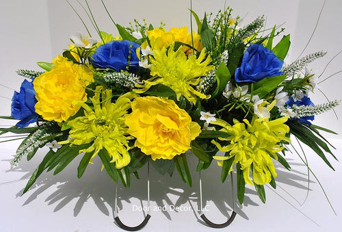 Spring and Summer Cemetery Headstone Saddle Flower Arrangement with Yellow, Blue, and Green Flowers