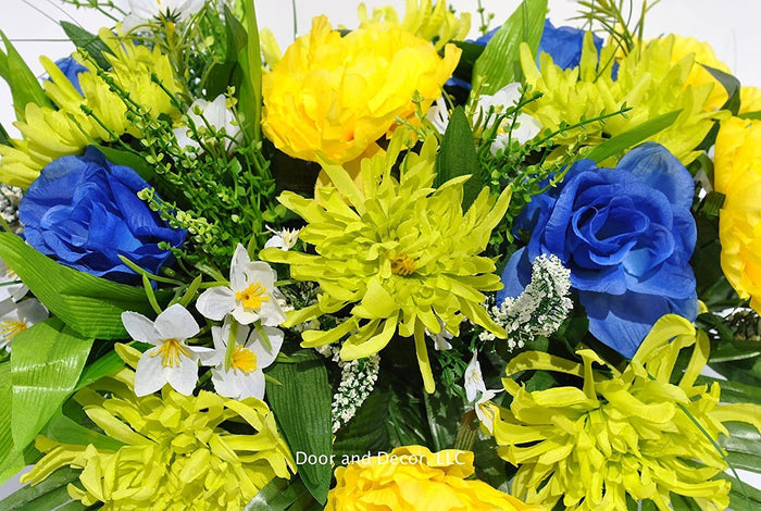Spring and Summer Cemetery Headstone Saddle Flower Arrangement with Yellow, Blue, and Green Flowers