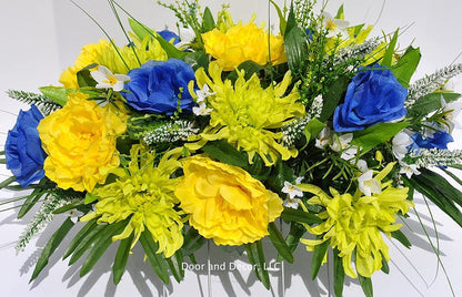 Spring and Summer Cemetery Headstone Saddle Flower Arrangement with Yellow, Blue, and Green Flowers