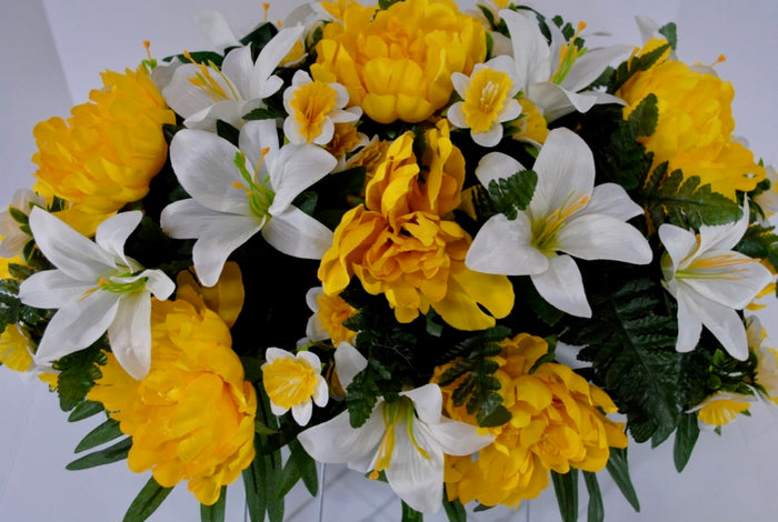 Spring or Easter Cemetery Flowers for Headstone and Grave Decoration-Yellow Peony and Lily Mix Saddle