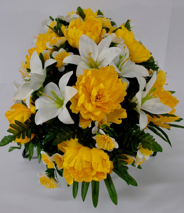 Spring or Easter Cemetery Flowers for Headstone and Grave Decoration-Yellow Peony and Lily Mix Saddle