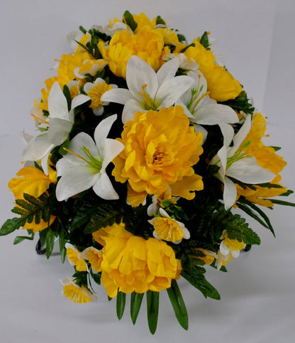Spring or Easter Cemetery Flowers for Headstone and Grave Decoration-Yellow Peony and Lily Mix Saddle