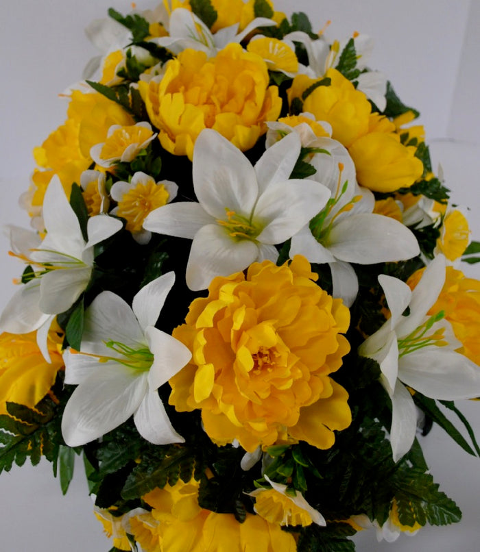 Spring or Easter Cemetery Flowers for Headstone and Grave Decoration-Yellow Peony and Lily Mix Saddle