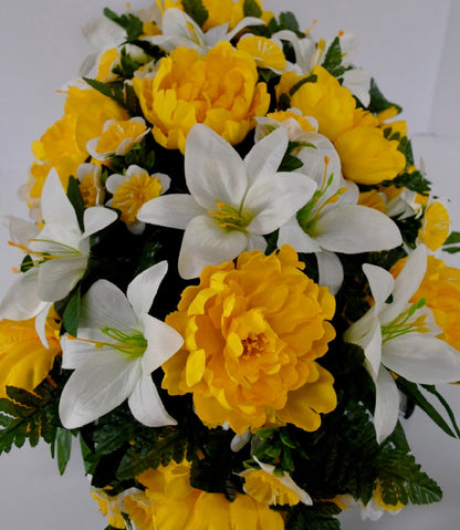 Spring or Easter Cemetery Flowers for Headstone and Grave Decoration-Yellow Peony and Lily Mix Saddle
