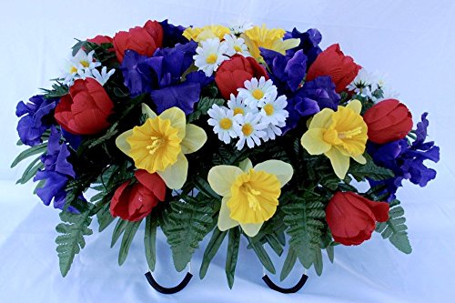 Spring Tulip Daffodil and Iris Headstone Saddle for Grave Decoration
